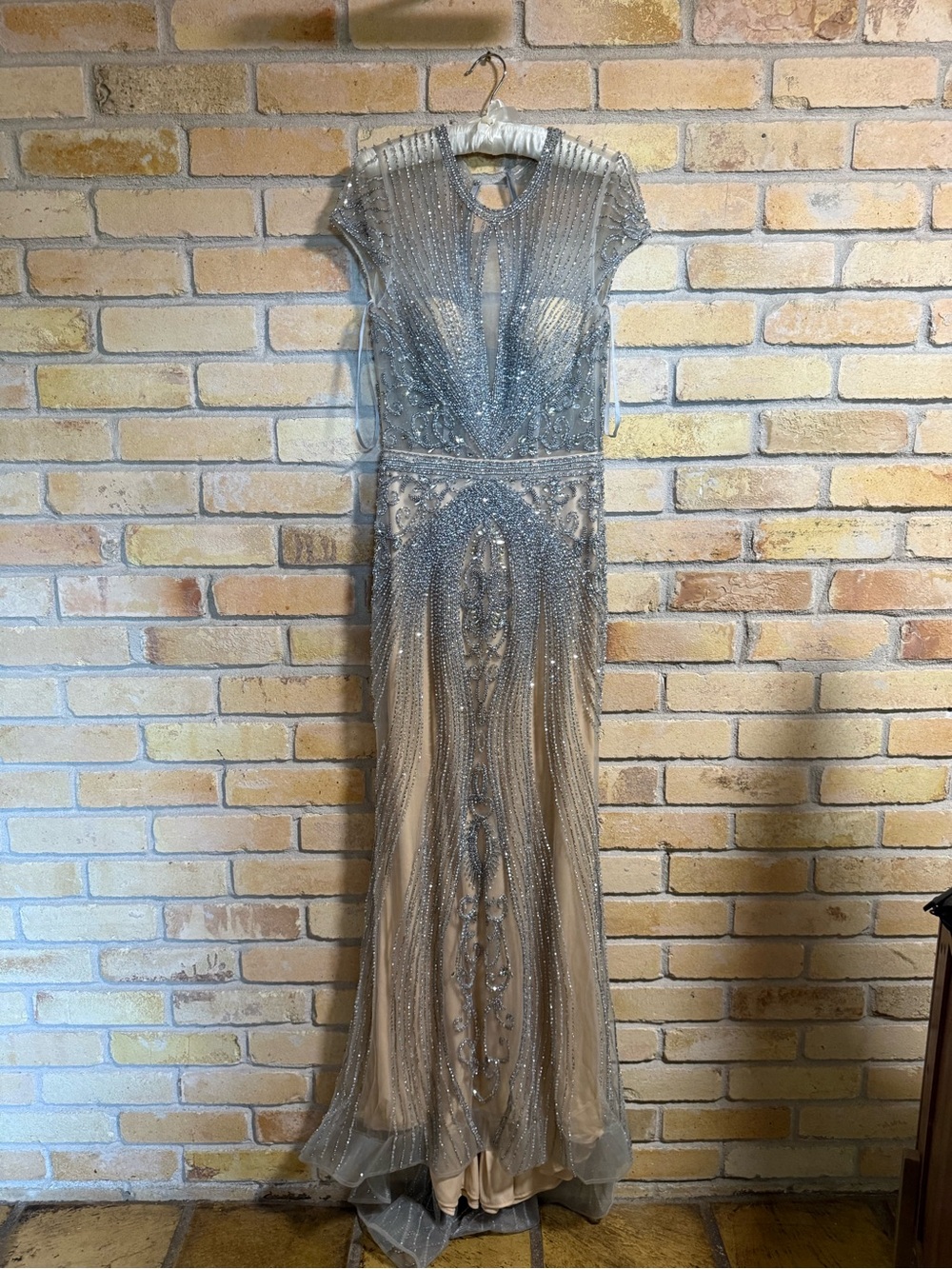 Art Deco Beaded Bridal Gown Size 8 Sheer Illusion Maxi